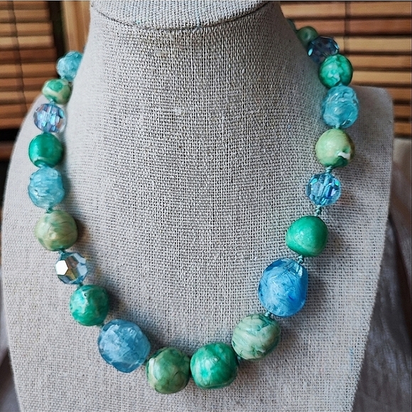 Turquoise Color Faux Pearl Beaded Sodalite Stone Multi Strand Gold Tone Necklace - Picture 11 of 12